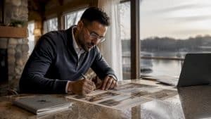 Investor planning resort rental portfolio at cabin table