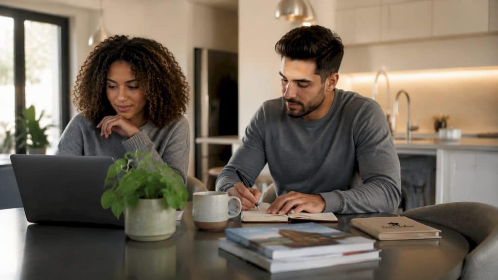Couple researching vacation rental alternatives on laptops