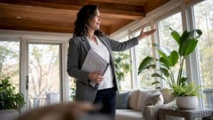 Real estate agent presenting home inspection in foyer