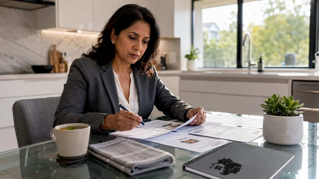 Woman reviewing guest verification papers at home