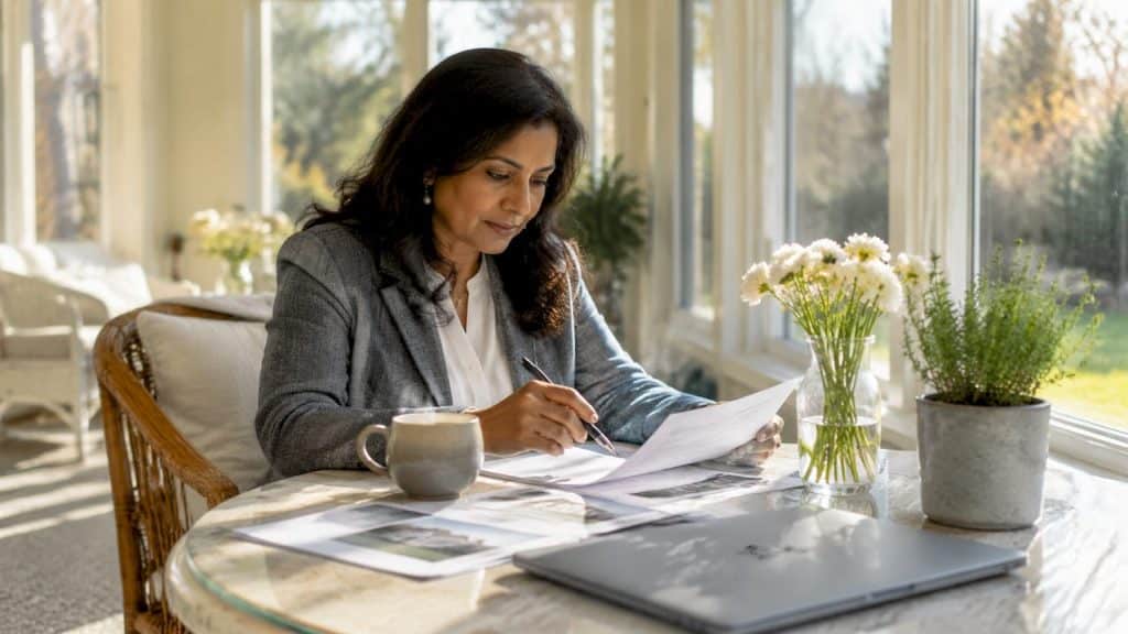 Woman reviewing listing agent documents at home