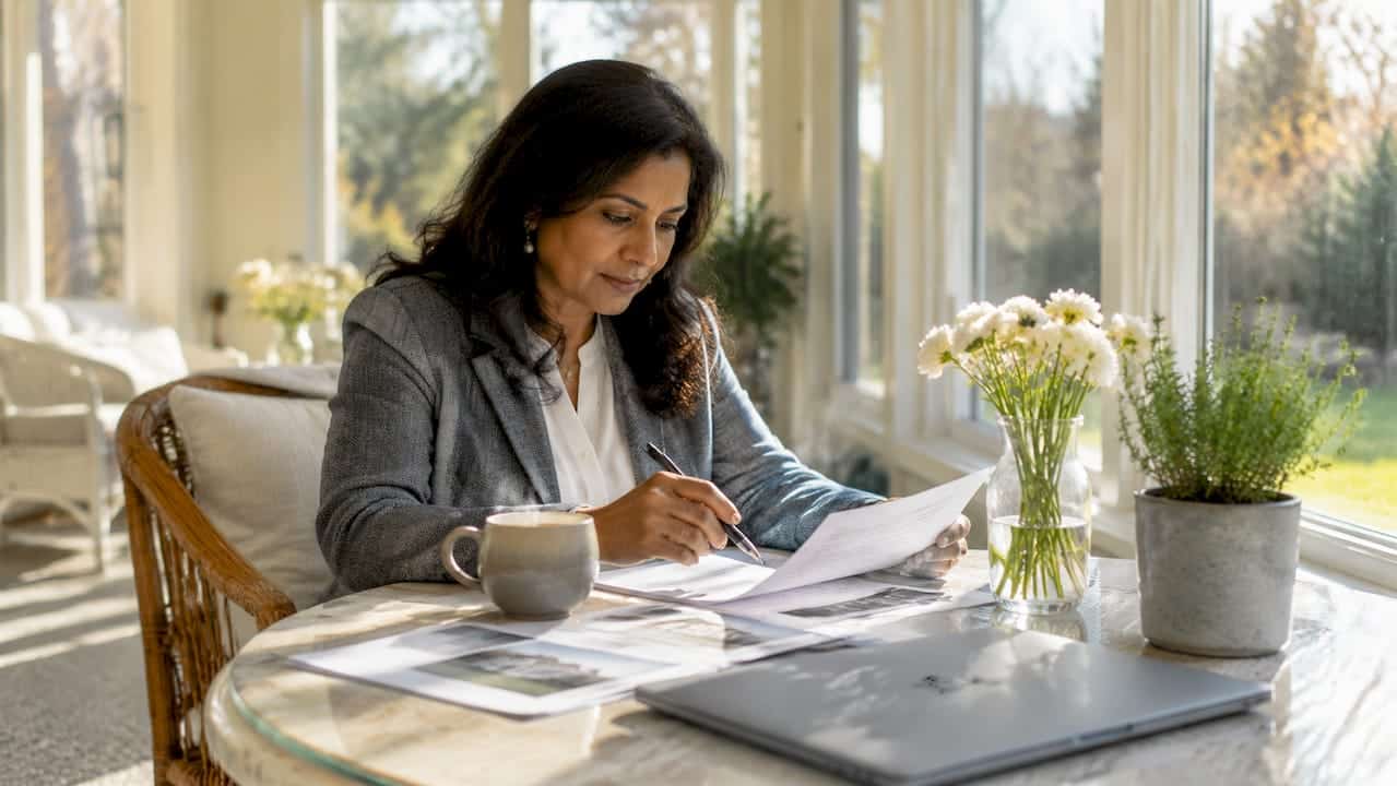 Woman reviewing listing agent documents at home