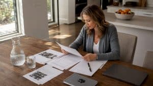 Condo buyer reviewing inspection report at kitchen table