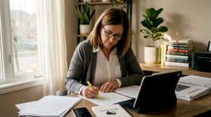 Home seller reviewing sale documents at kitchen table