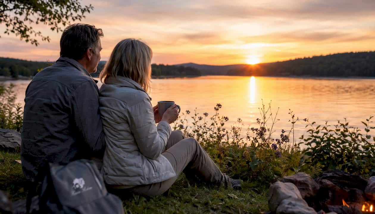 Couple enjoying lakeside cottage deck in Ontario