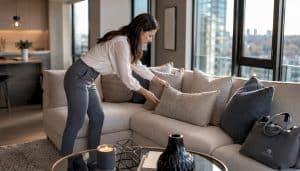 Seller arranging pillows in staged living room