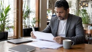Man reviewing international wire transfer documents