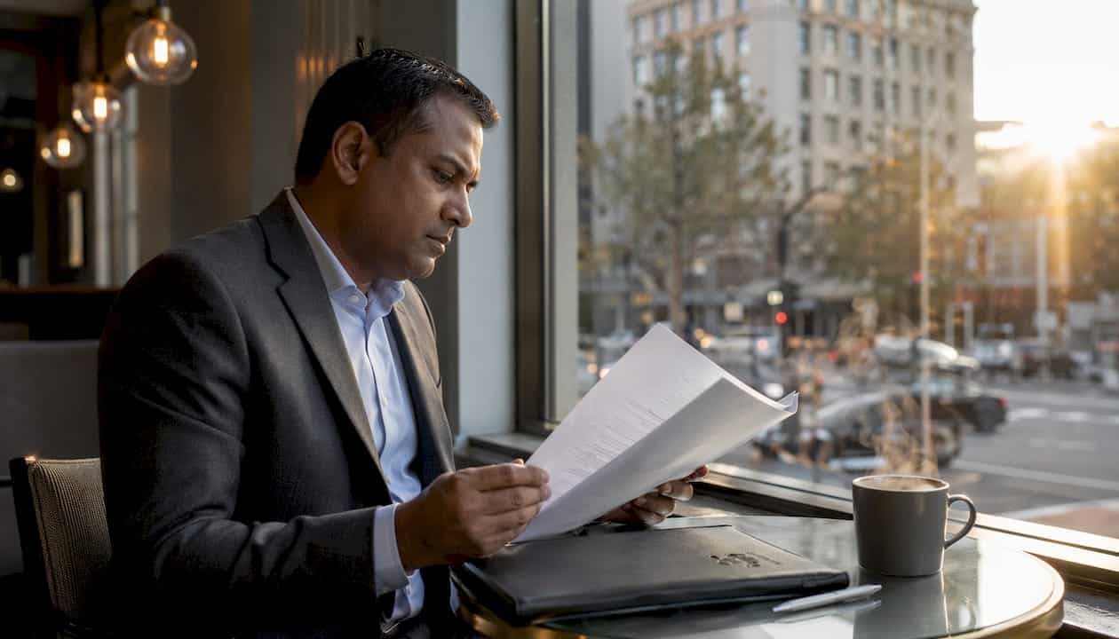 Man reviewing luxury property documents indoors
