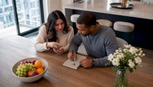 Couple reviewing real estate listings in Toronto condo