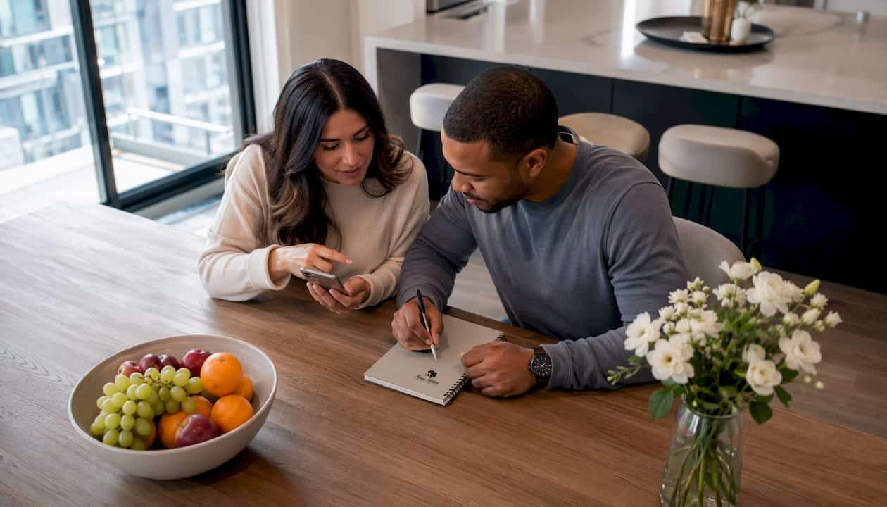 Couple reviewing real estate listings in Toronto condo