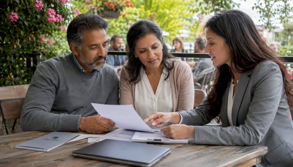 Couple reviewing title insurance documents with agent