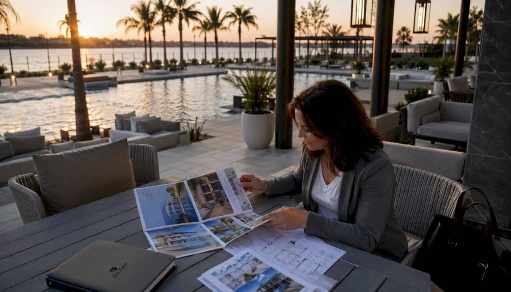 Woman reviewing resort rental amenities brochures