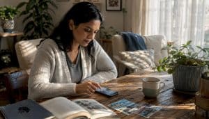 Woman researching rental platforms at home table