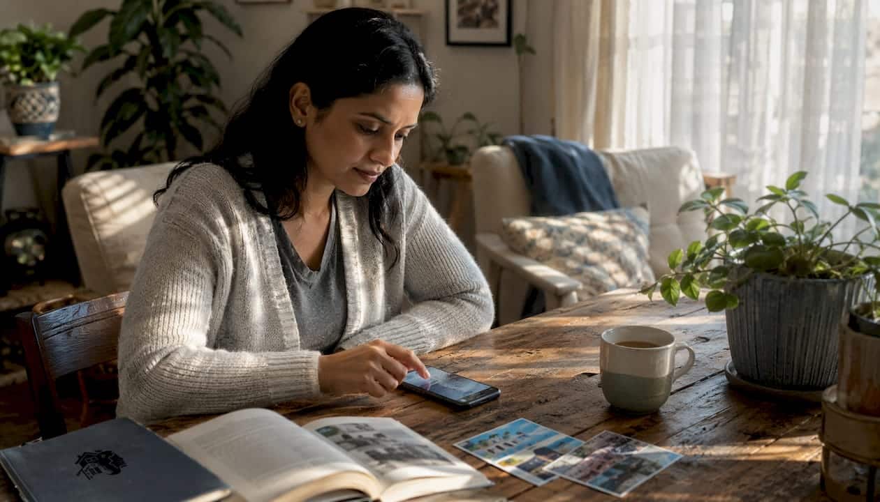 Woman researching rental platforms at home table