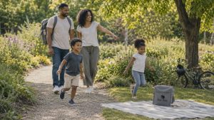 Family walking on community trail with playground