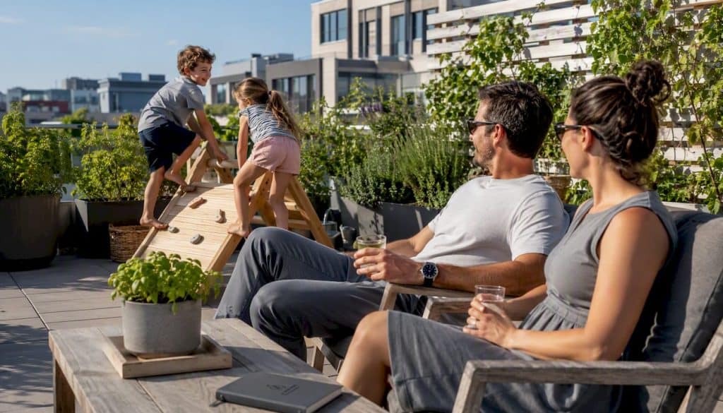Family enjoying sunny backyard together