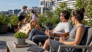 Family enjoying sunny backyard together