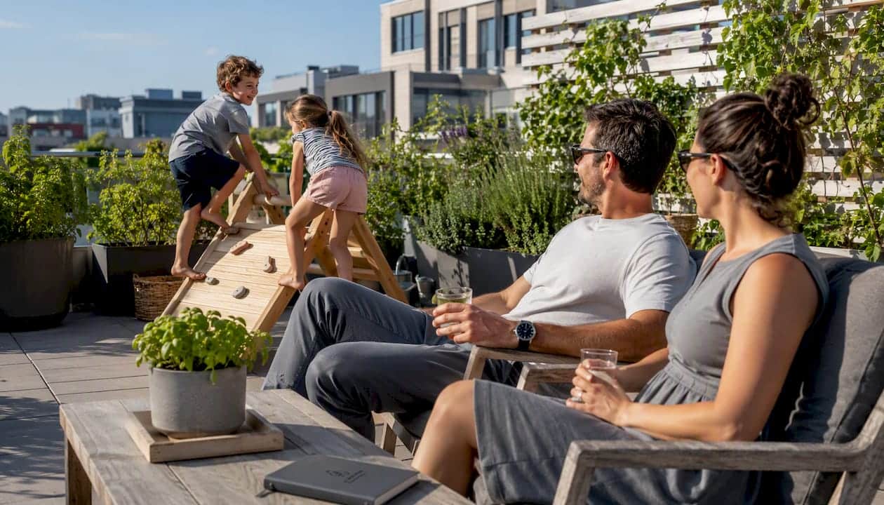 Family enjoying sunny backyard together