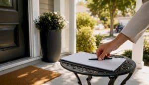 Contract being signed at Ontario home entrance