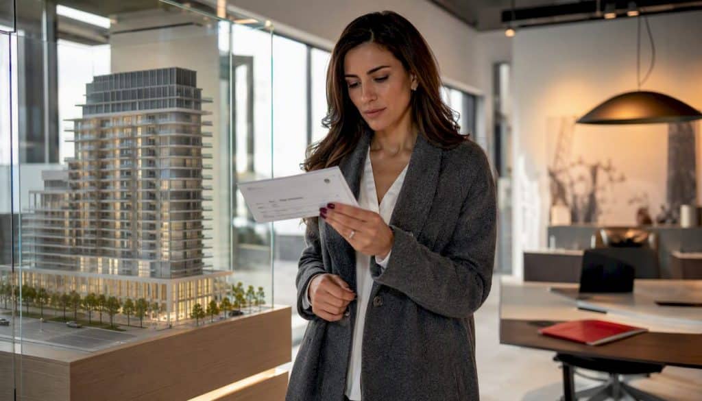 Buyer handing certified cheque for condo deposit