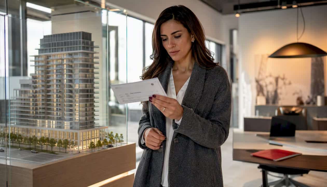 Buyer handing certified cheque for condo deposit