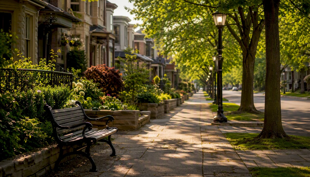 Canadian urban street sidewalk in morning