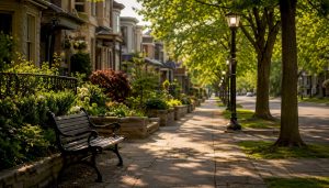 Canadian urban street sidewalk in morning