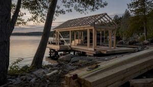 Partially built boathouse dock on Ontario lake shore