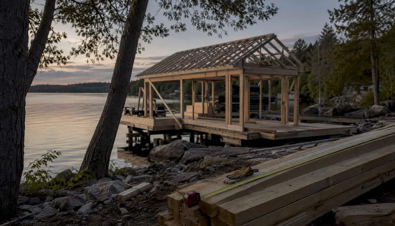 Partially built boathouse dock on Ontario lake shore