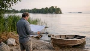 Waterfront owner reviewing shoreline map by lake