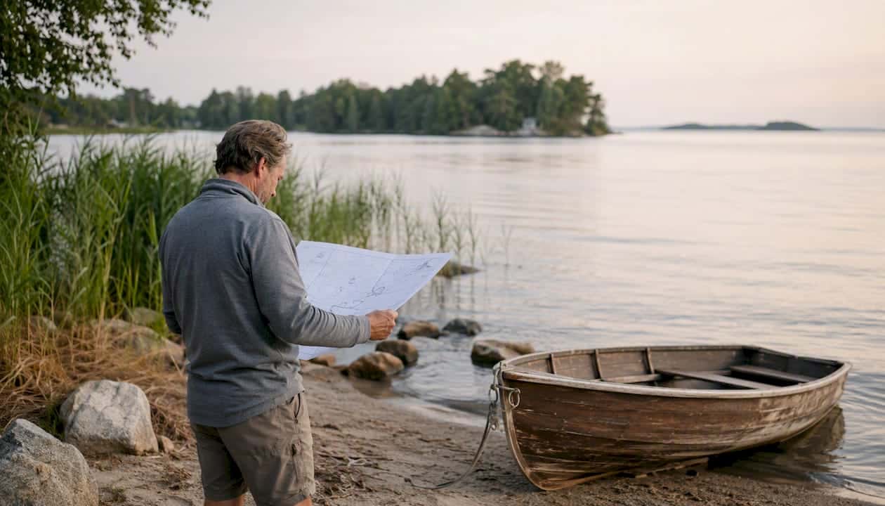 Waterfront owner reviewing shoreline map by lake