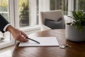 Hands signing real estate closing document