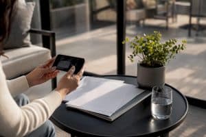 Hands photographing mortgage documents on table