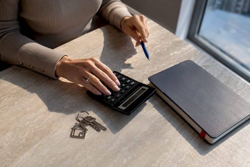 Calculator and property sale records on desk