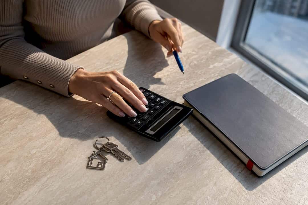 Calculator and property sale records on desk