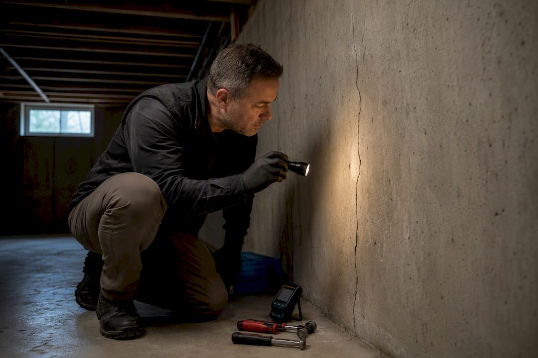 Inspector examining basement foundation crack