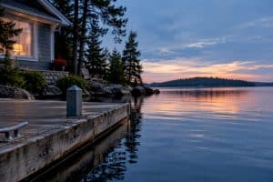 Ontario waterfront cottage and dock at dusk