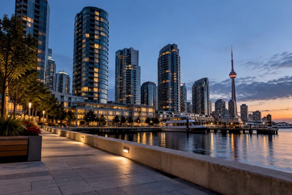 Toronto waterfront condominium towers at blue hour