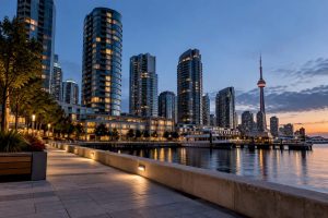 Toronto waterfront condominium towers at blue hour