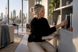 Downsizer sorting belongings in Toronto condo