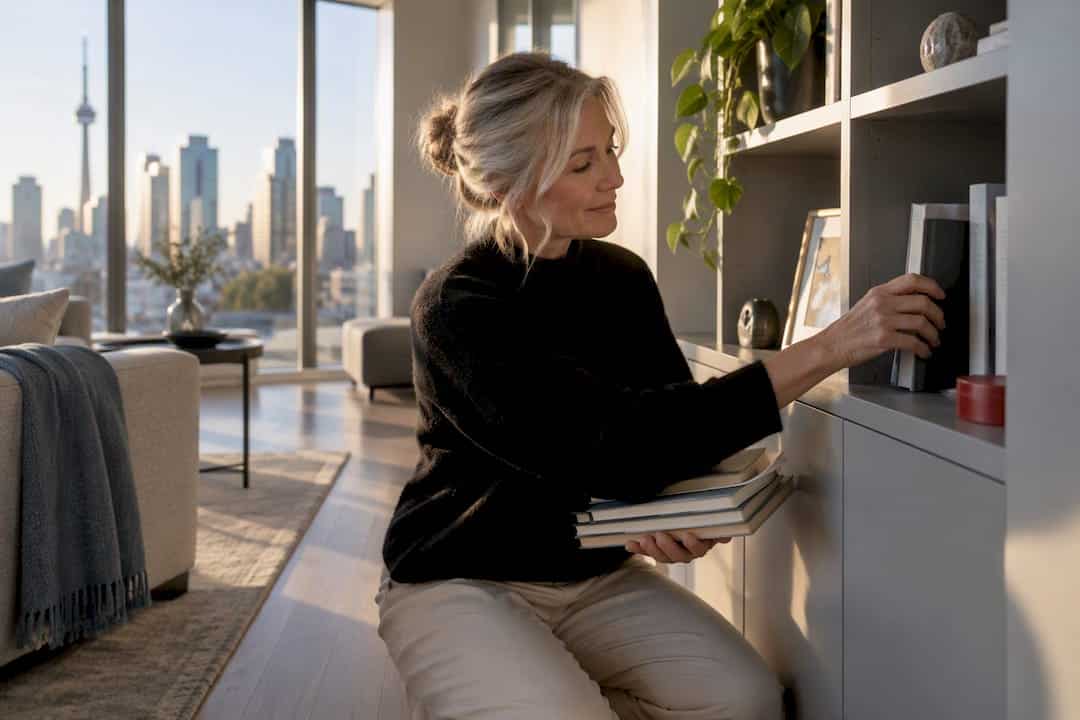 Downsizer sorting belongings in Toronto condo