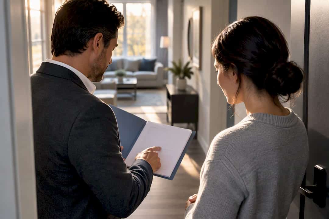 Landlord and tenant reviewing sale notice