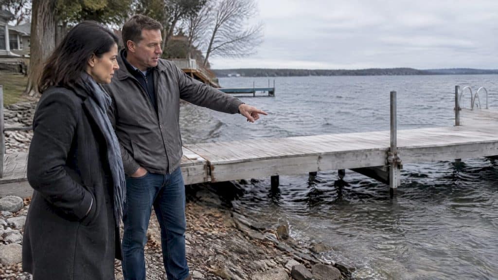 Buyer and agent inspecting Innisfil waterfront dock