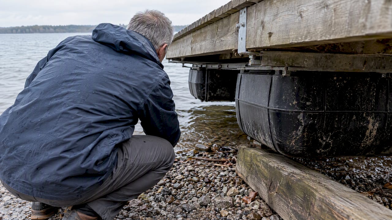Floating dock flotation supports at shoreline