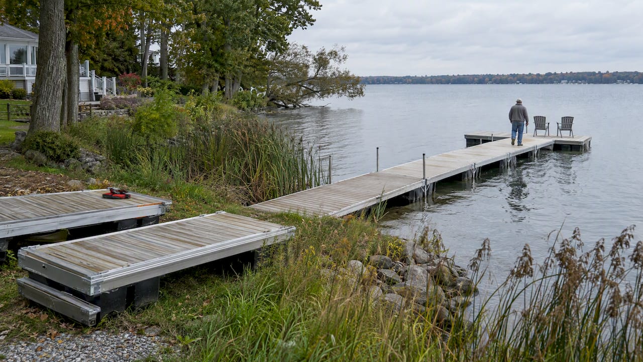 Removable dock beside Lake Simcoe wetland buffer