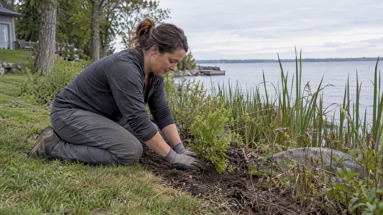 Native shoreline buffer beside dock lawn
