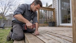 Carpenter repairing a backyard deck board