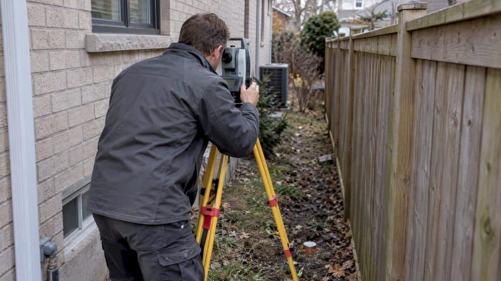 Surveyor locating a home property boundary