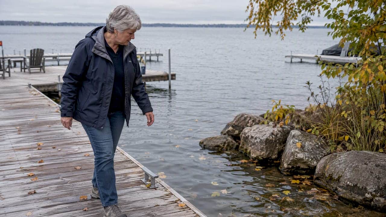 Homeowner checks dock after morning dew