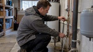Homeowner draining cottage plumbing for winter